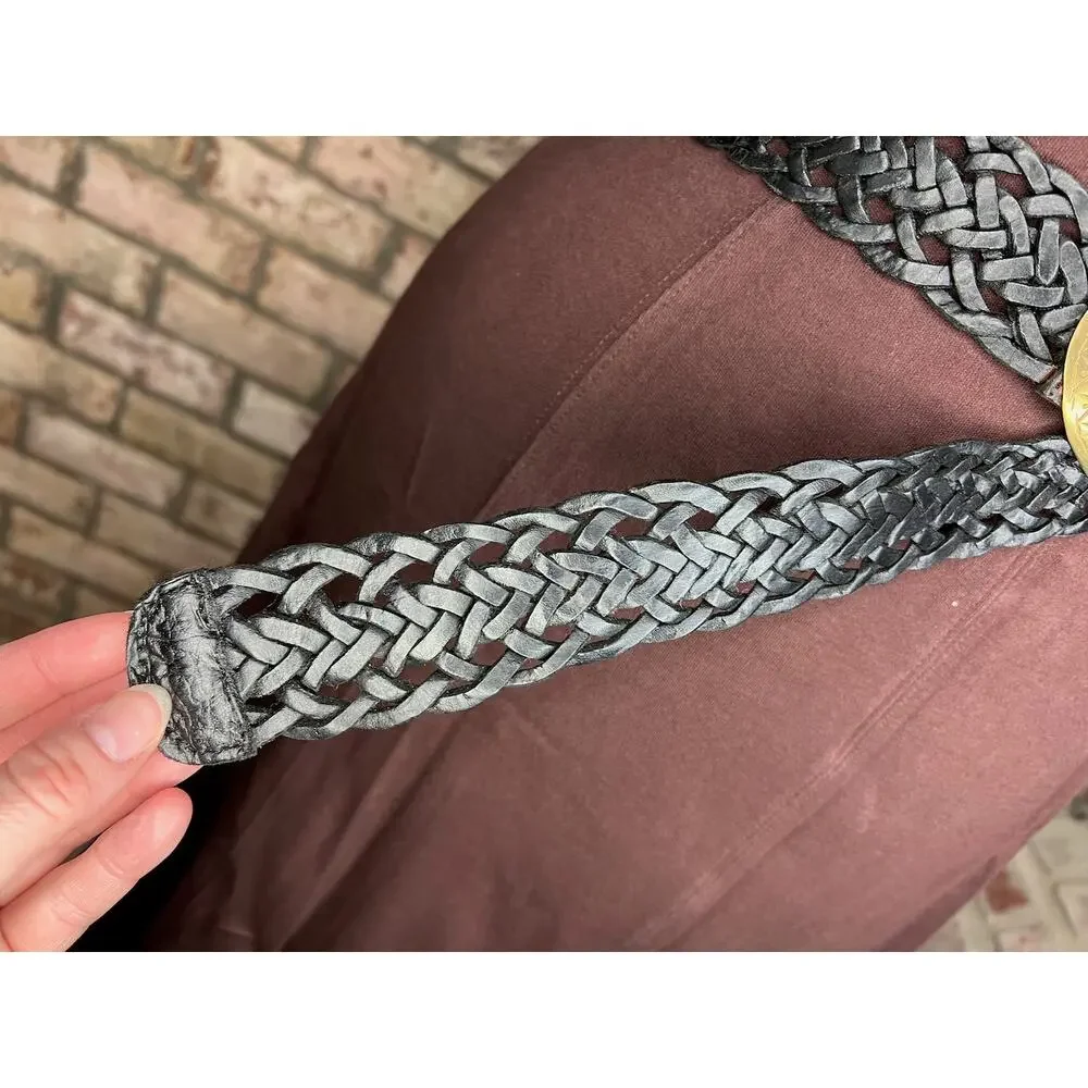 belt split leather black braided goldtone buckle stone western